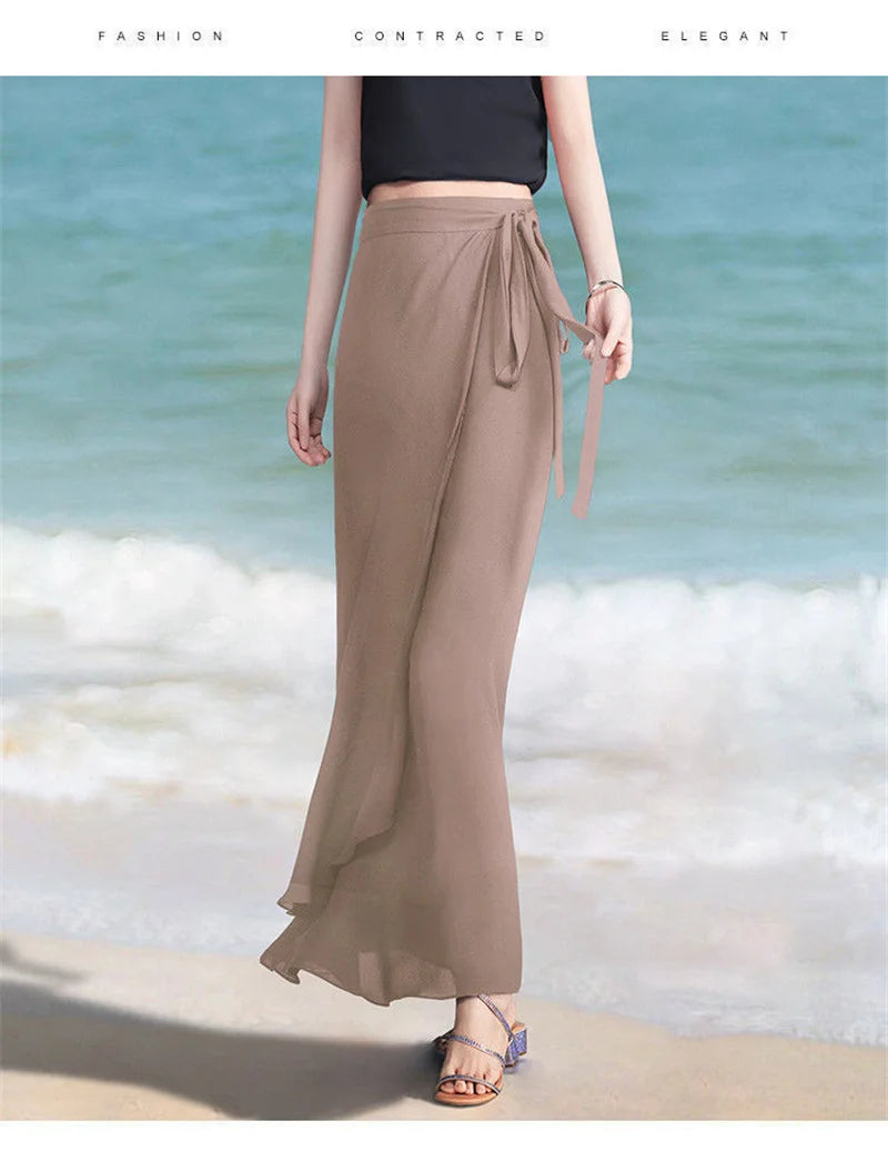 Lace-Up Summer Skirt Holiday style Chiffon Halfskin Skirt Women's 2023 Summer New Thin Dropping Long Wrapped Hip Skirt Khaki Bla
