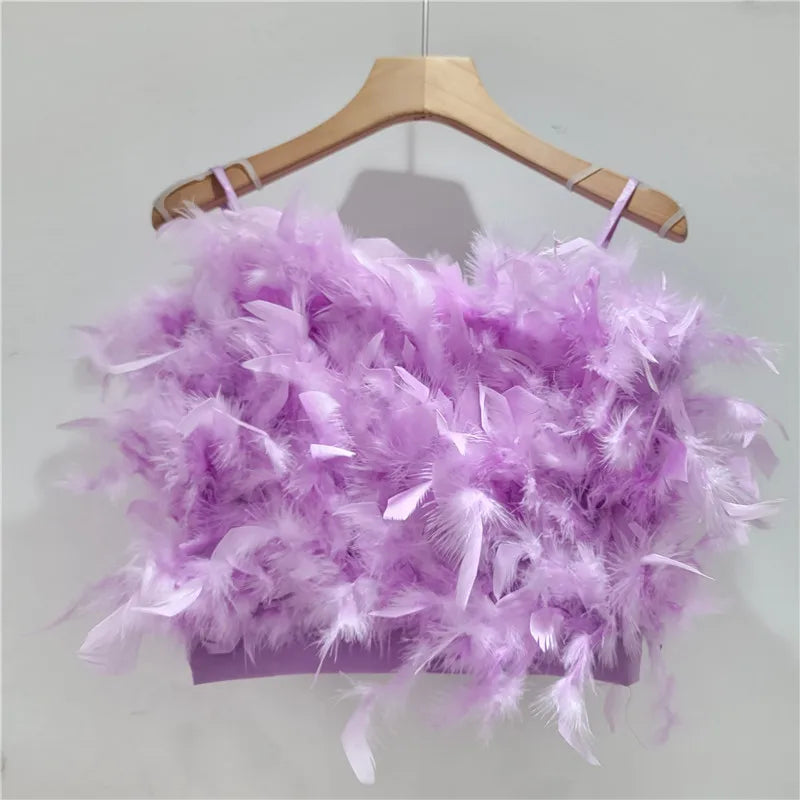 YEAE fluffy ostrich feather halter top design sense short small halter vest women's outer wear inner top tide