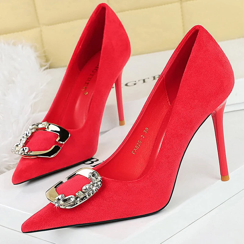 Elegant Rhinestone Buckle Suede High Heel Pumps for Women