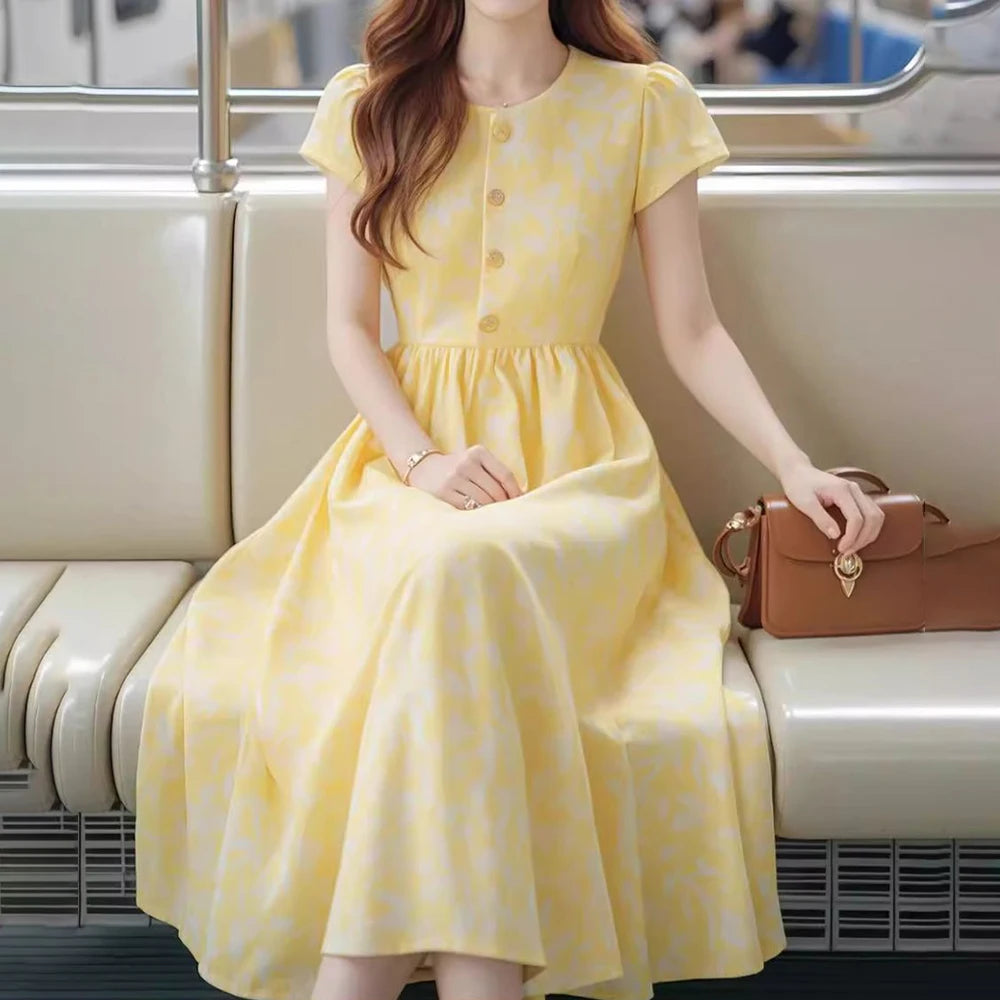 Lightweight Yellow Print Midi Dress With Cinched Waist for Women