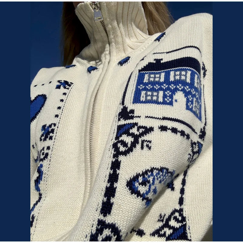 Blue Jacquard Stand Collar Zipper Cardigan for Women