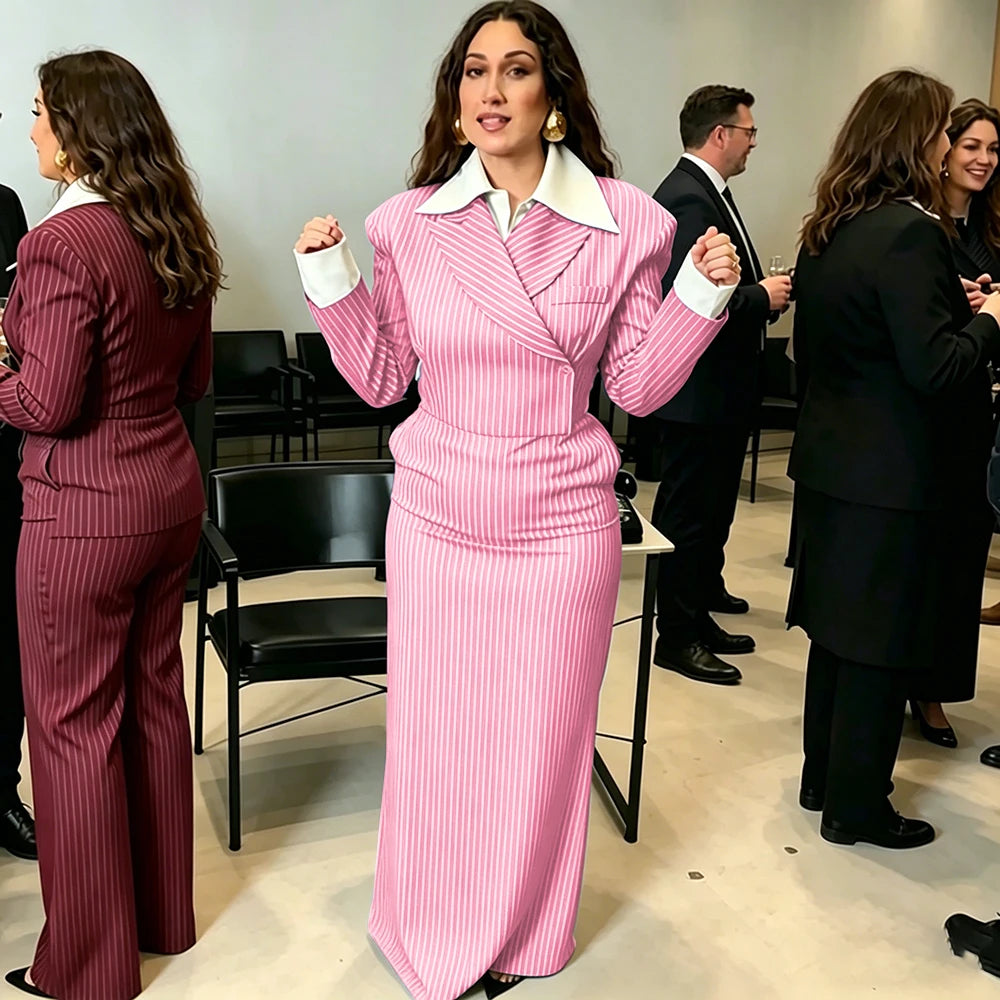 Navy Pinstripe Single Breasted Blazer Skirt Set for Women