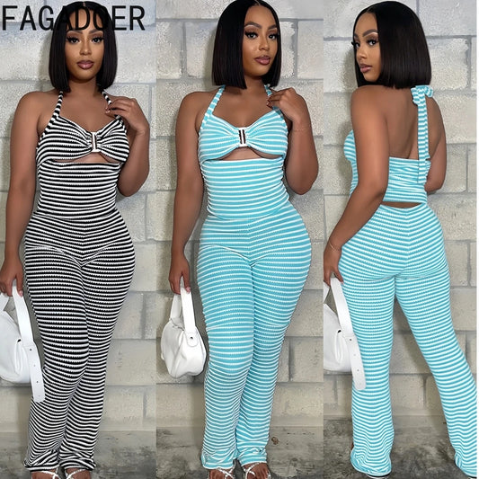 FAGADOER Sexy Stripe Patchwork Two Piece Outfits Woman Halter Backless Tank Top + Skinny Pants Suits Female Streetwear Clothing