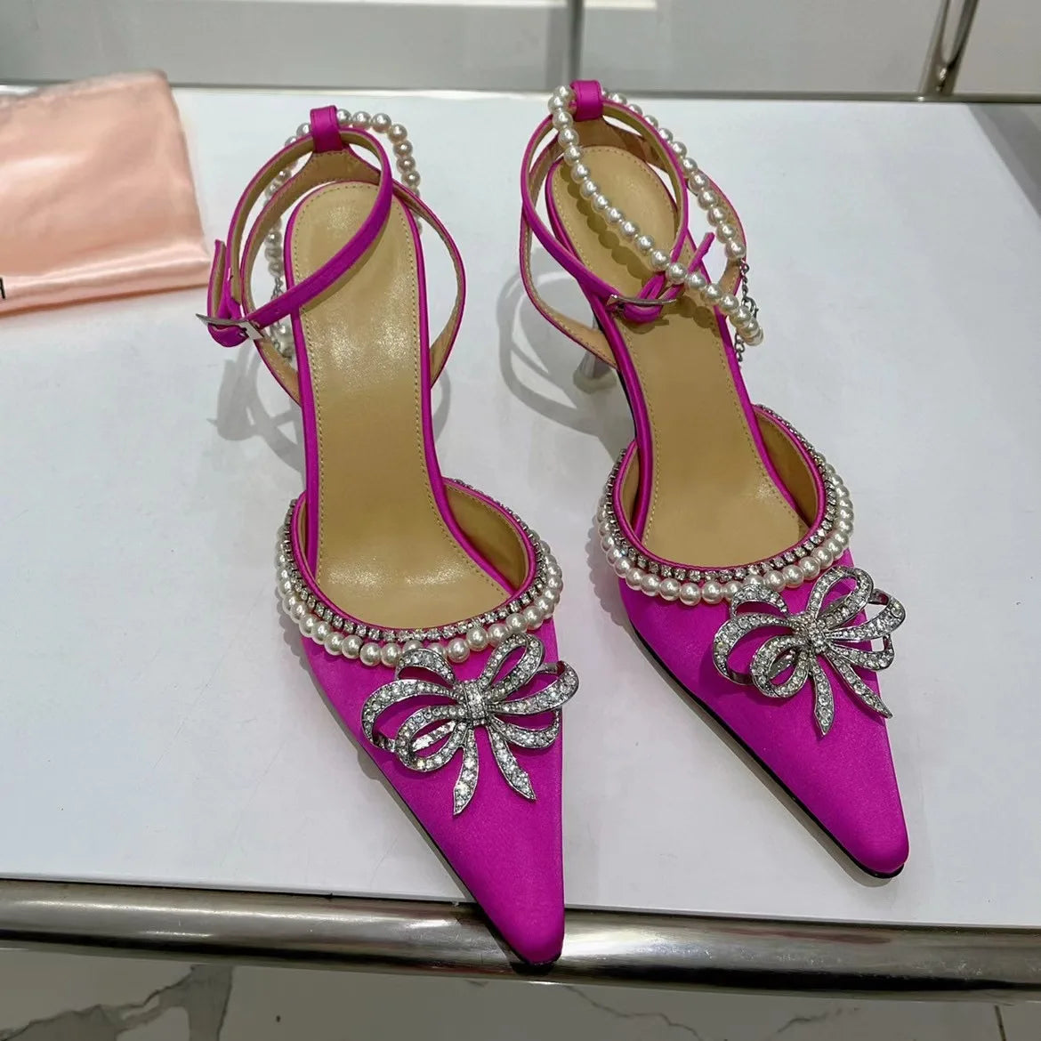 Candy Color Crystal Bow Pearls Buckle Sandals Design Women Rhinestones Bow Pointed Toe Pearls Buckle Slingback 8Cm Heel Sandals
