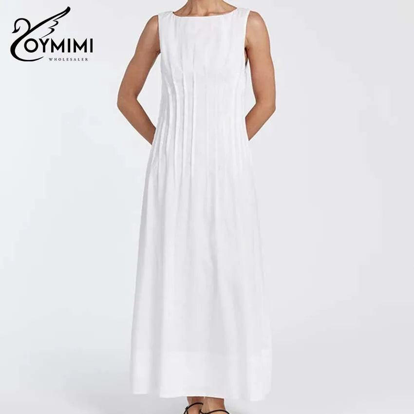 Oymimi Casual White Cotton Womens Dresses Fashion O-Neck Sleeveless Solid Dresses Elegant Open Back Ankle-Length Dress Female