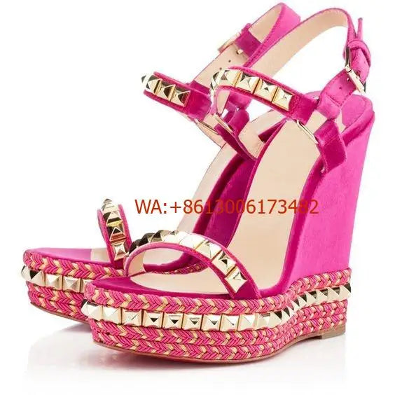 Metallic Trim Suede Wedge Sandals With Buckle Straps For Women