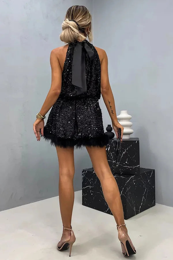 Sexy Lady Patchwork Sequins Slim Dress Women Spring Summer Sleeveless Halter Dress 2025 Casual Lacing Up Party Club Solid Dress