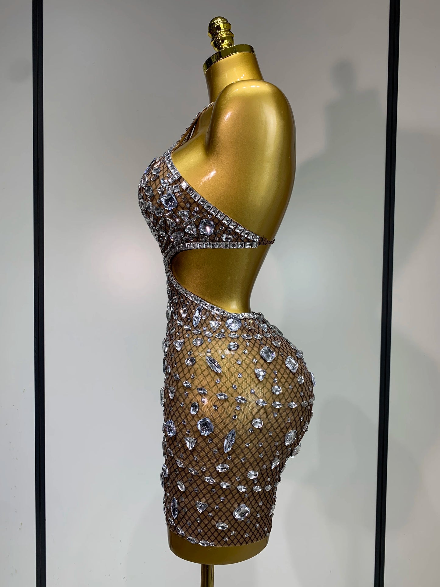 Sexy Sparkly Diamond Backless Short Dress 2025 Women Sleeveless Mesh See Through Evening Birthday Gown Singer Stage Outfit