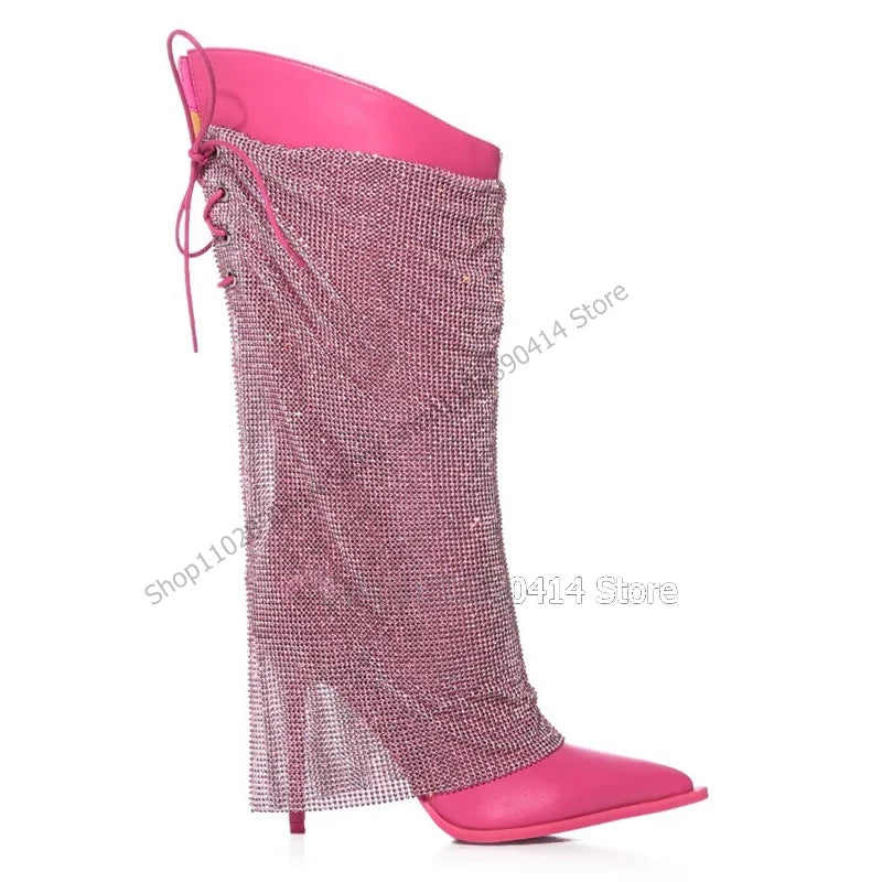 Rose Red Mesh Decor Pointed Toe Stiletto Boots For Women