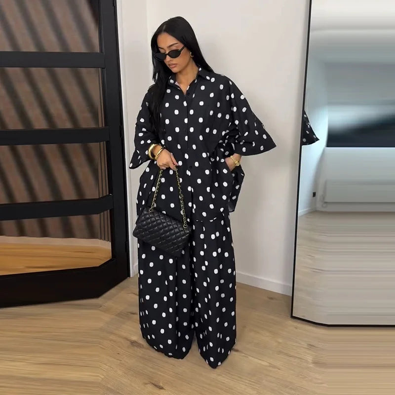 Elegant Polka Dot Shirt And Wide Leg Pants Set for Women