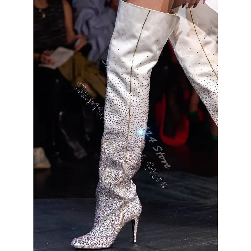White Rhinestone Pointed Toe High Heel Boots for Women