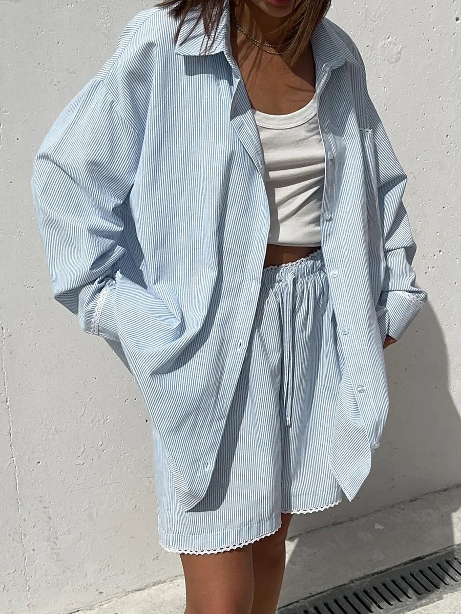 Striped Long Sleeve Cotton Shirt And Shorts Set For Women