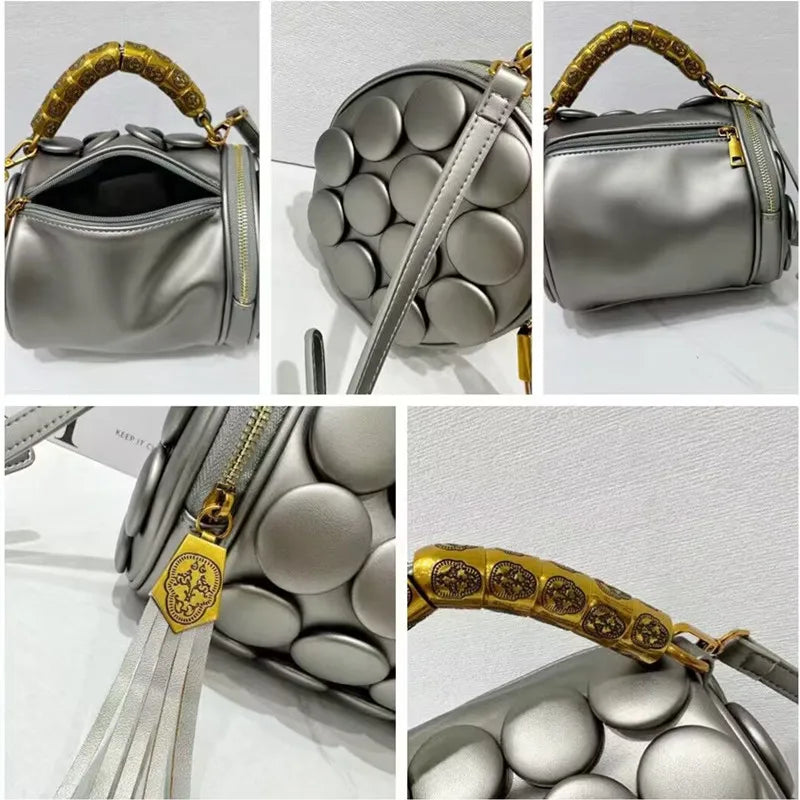 Retro Button Leather Bucket Shoulder Bag