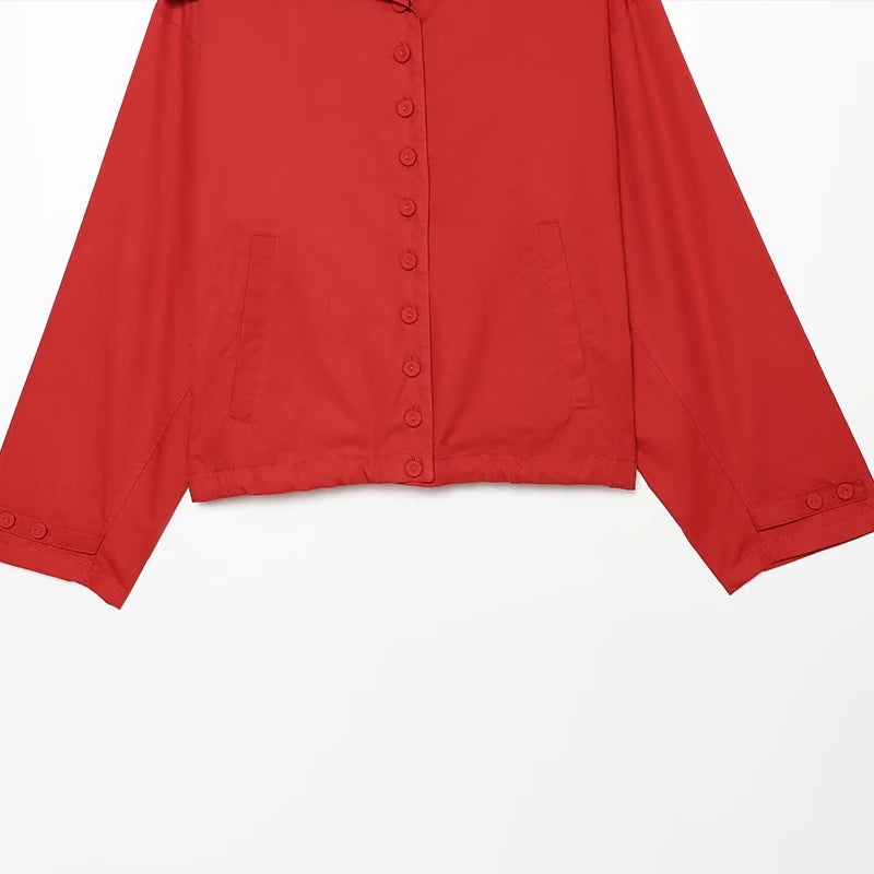Casual Red Jacket With Turn-Down Collar and Long Sleeves for Women
