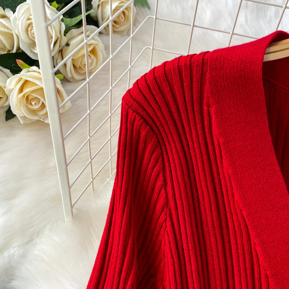 V Neck Knit A Line Long Sleeve Mini Dress for Women
