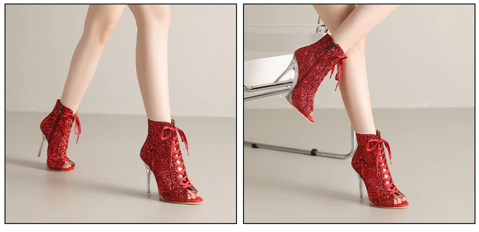 Lace-Up Crystal Heel Ballroom Dance Boots for Women