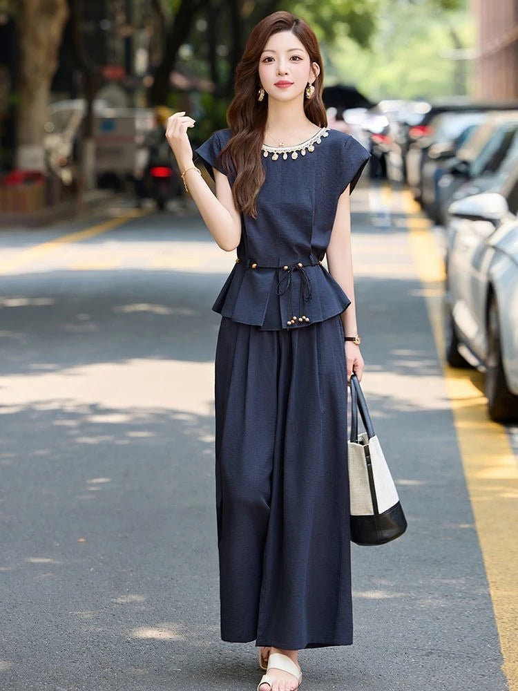 Women's Summer Wide Leg Pants Set 2026 New Arrival Elegant High End 2 Piece Outfit for Casual Chic Look Trending Fashion
