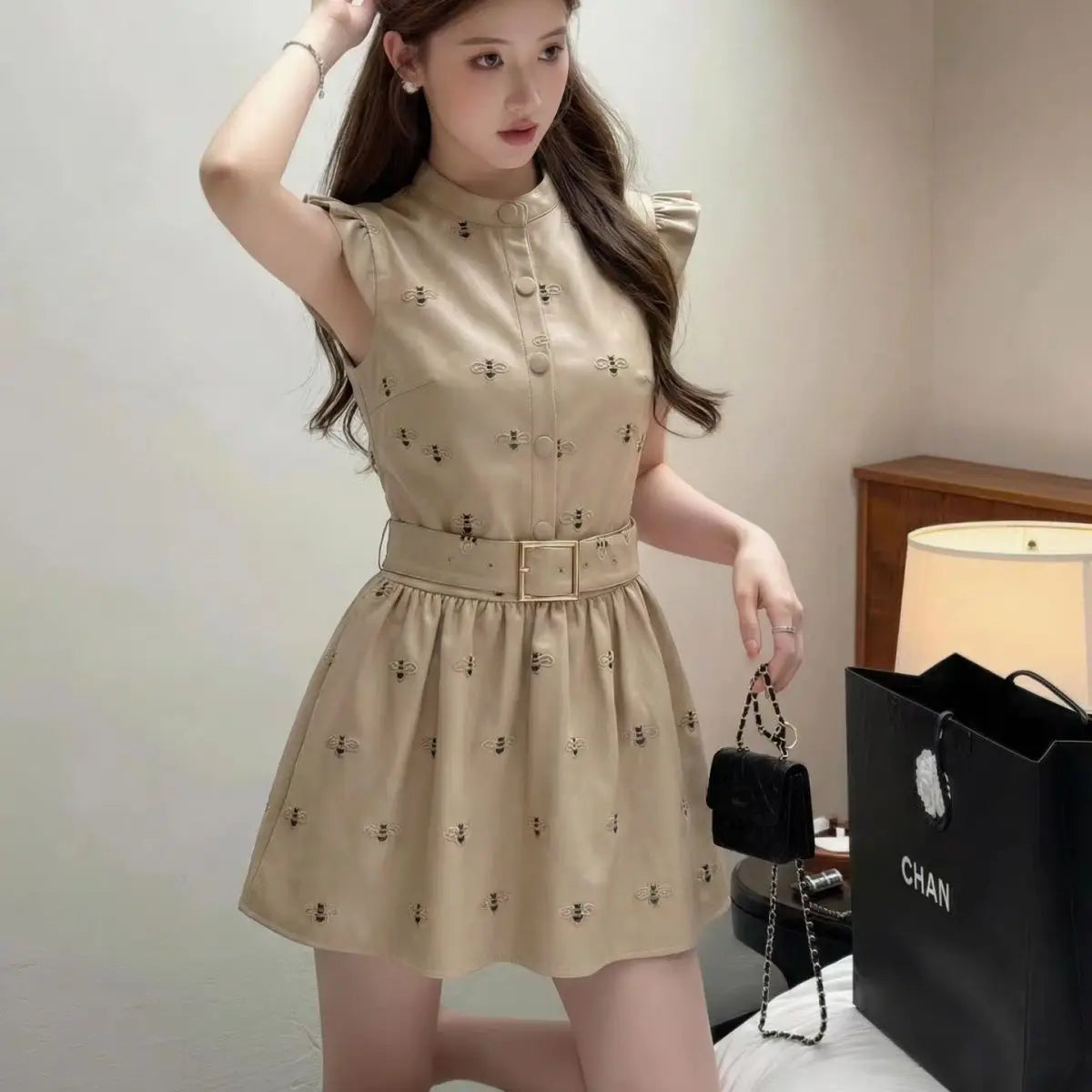 Stand Collar Slim Fit Midi Dress With Sash for Women