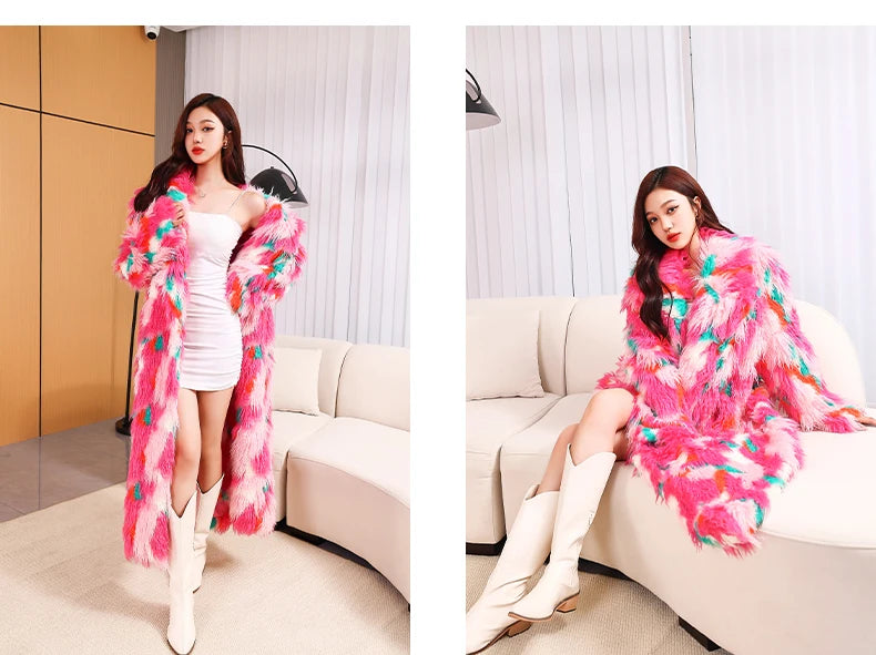 Colorful Plush Oversized Faux Fur Maxi Coat for Women