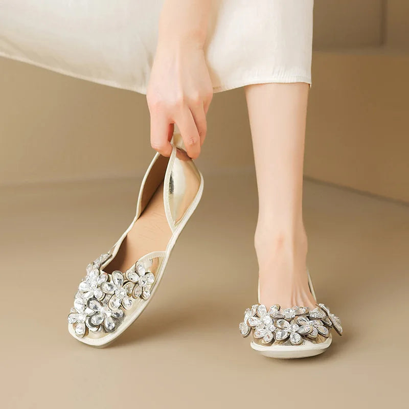 Luxurious Rhinestone Square Toe Slip On Mules for Women