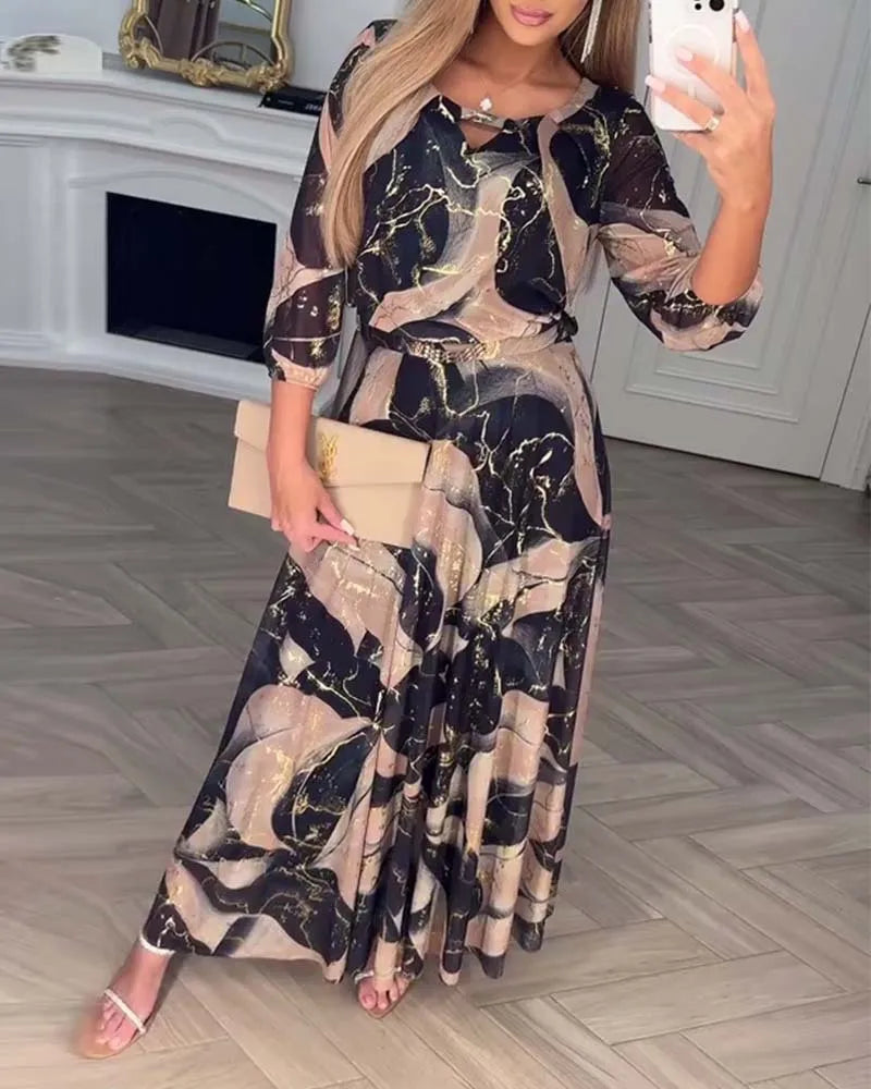 Elegant Cinched Waist Printed Long Dress for Women