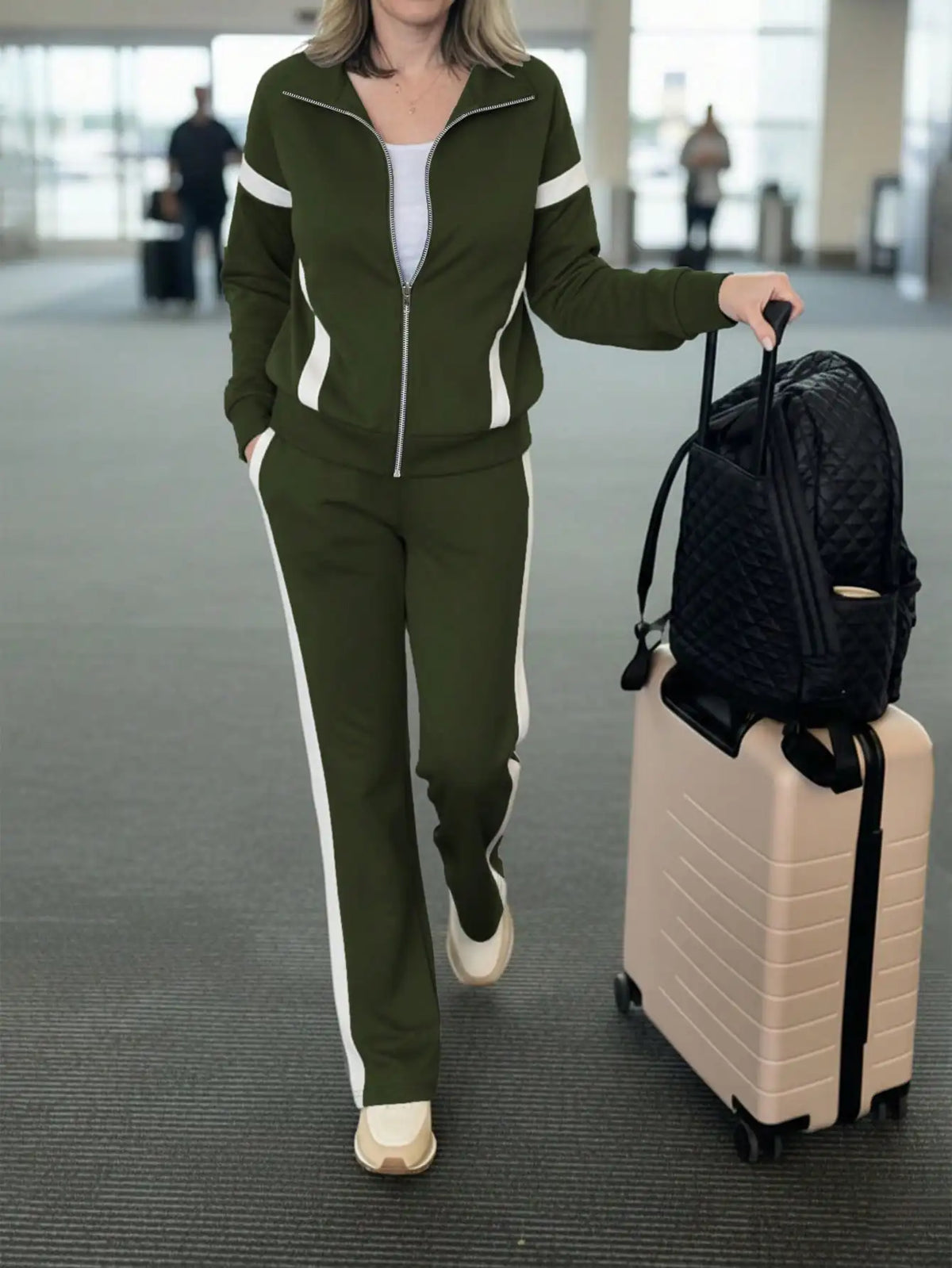 Contrast Long Sleeve Jacket And Striped Trousers Set for Women