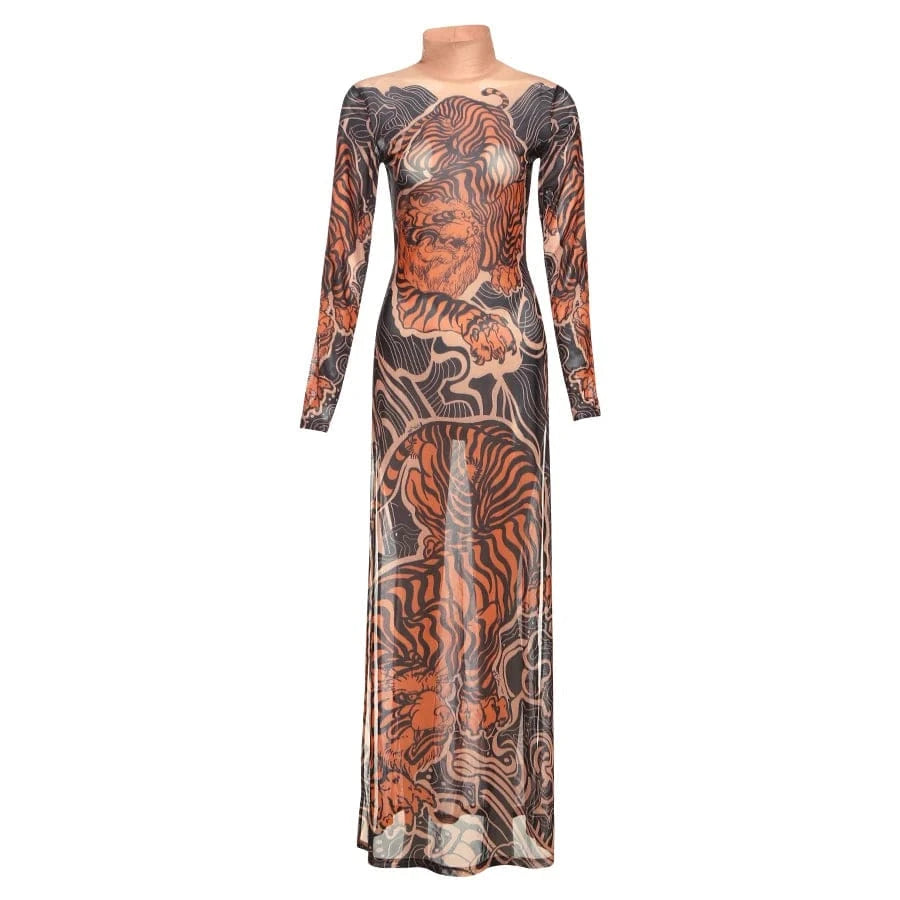 Weird Puss See Through T-Shirts Women Tiger Print Long Sleeve High Neck High Slits High Elastic Skinny Trend Street Hipster Tops