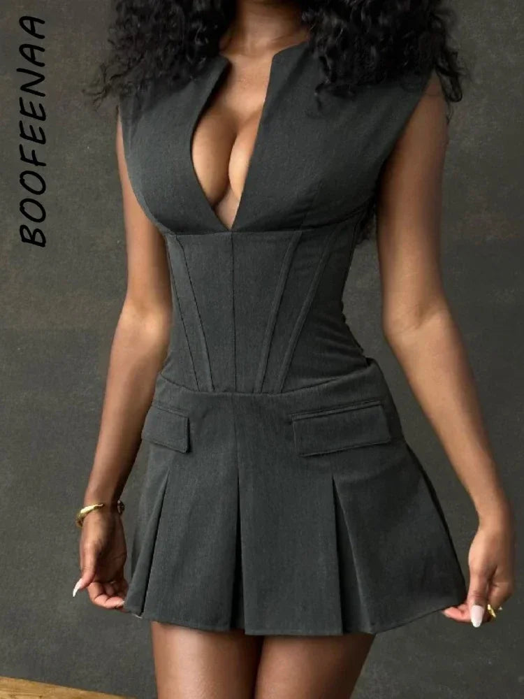 Dress With Deep V Neckline Sleeveless Mini Gray Corset Clubwear Flattering Silhouette Vintage