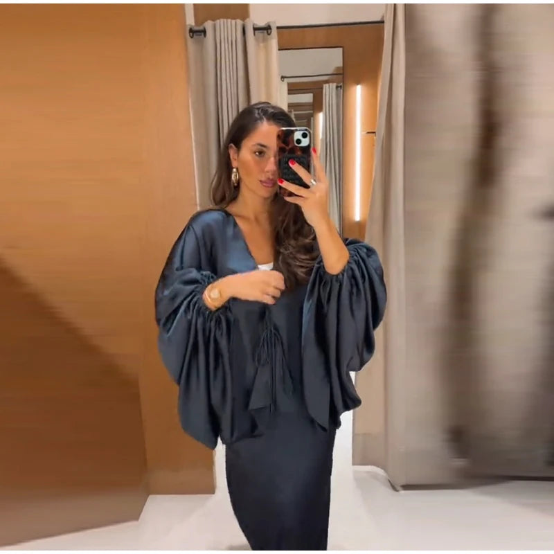 Casual Solid Batwing Sleeve Shirt Skirt Set for Women