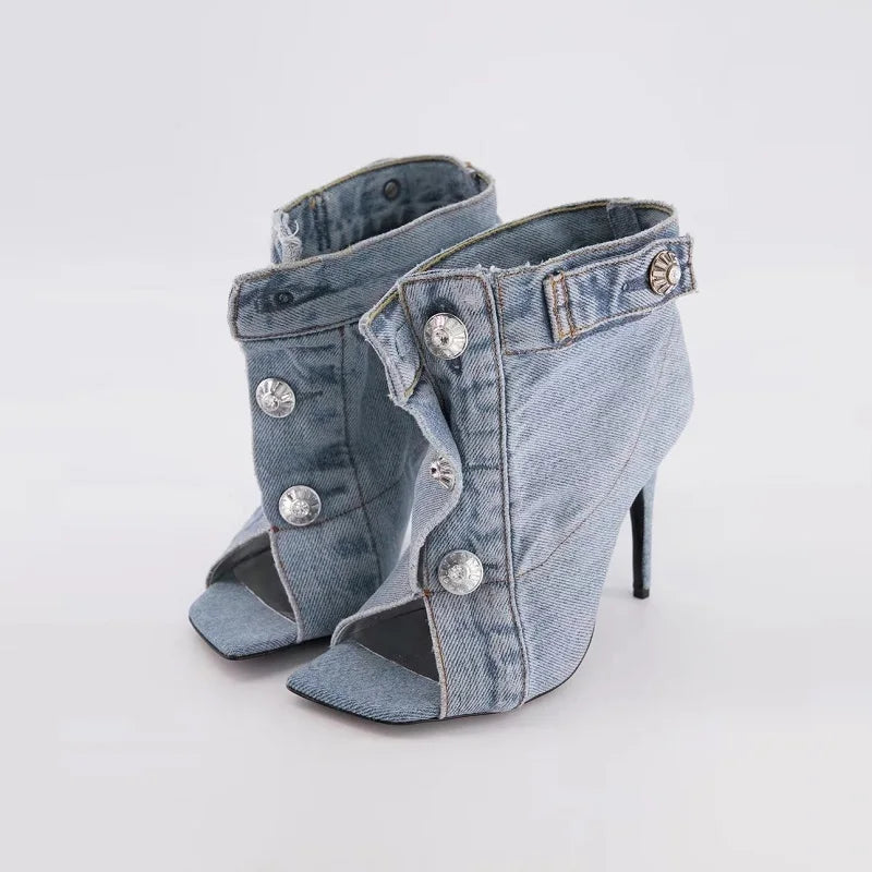 Elegant Denim Look Strappy Peep Toe Stiletto Sandals for Women