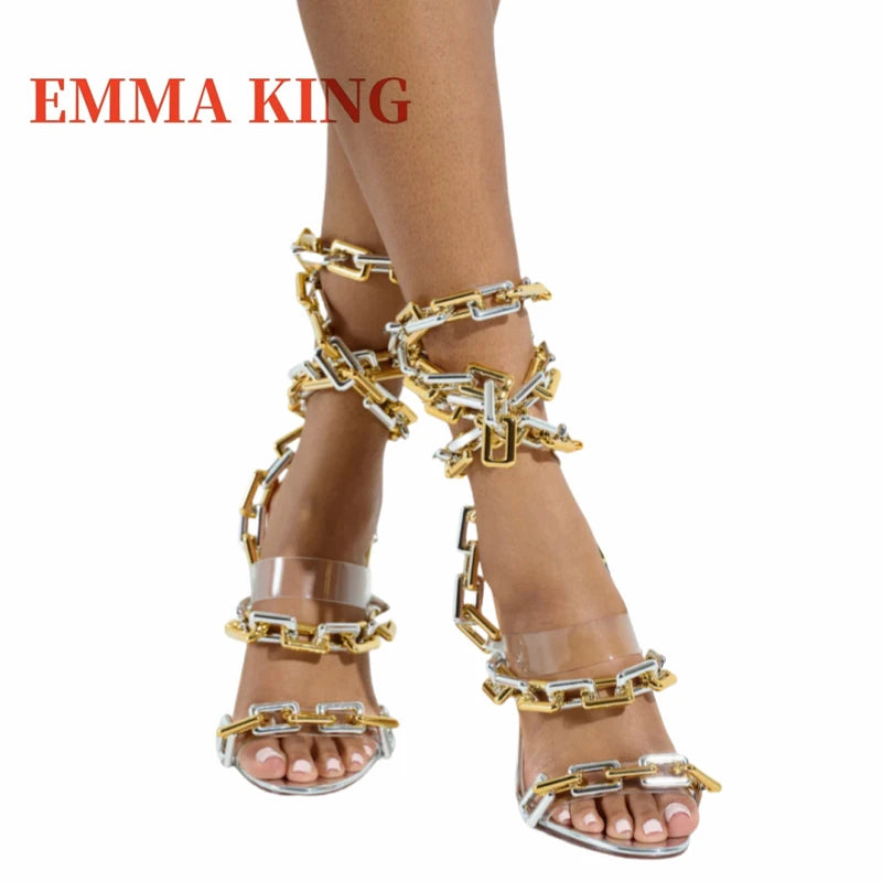 Gold Chain Straps Ankle Wrap Extra High Thin Heel Sandals for Women
