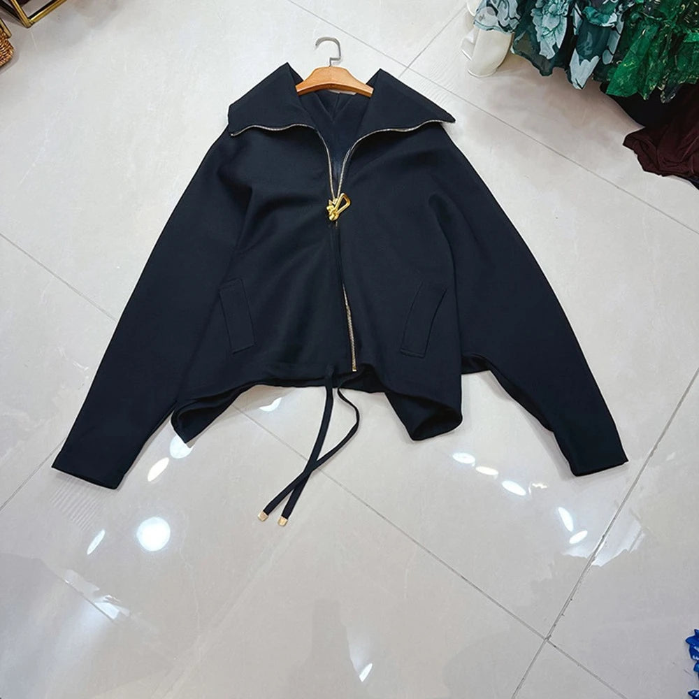 TWOTWINSTYLE Solid Design Sense Loose Jackets For Women Lapel Long Sleeve Spliced Zipper Casual Jacket Female Fashion KJA542480