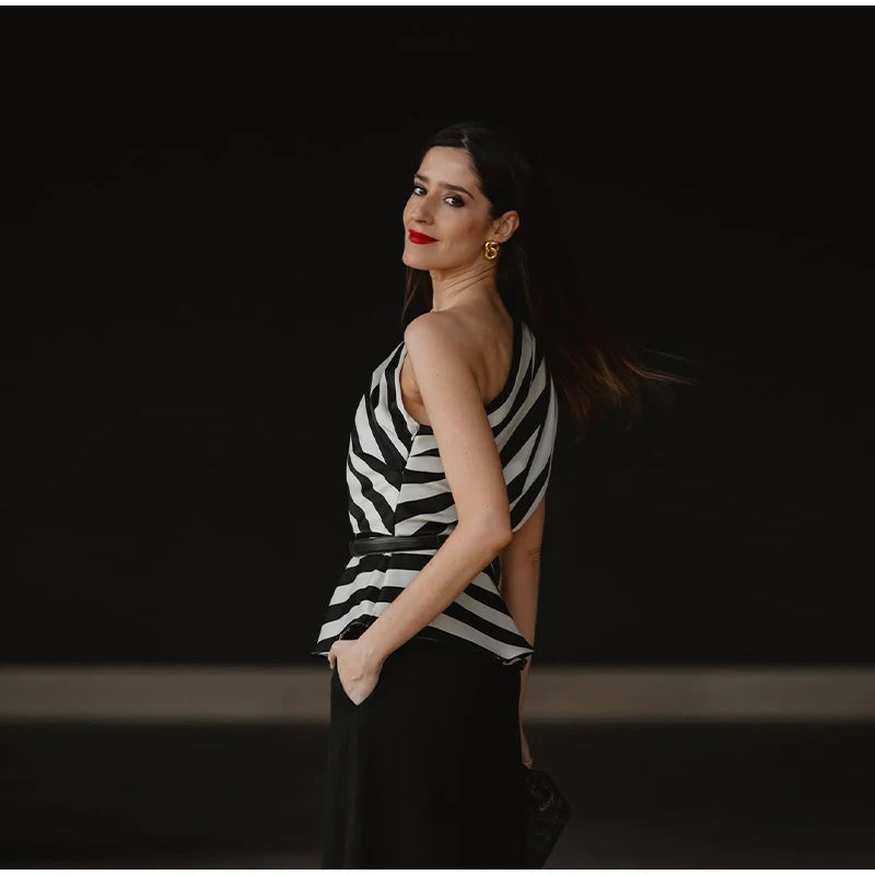One Shoulder Striped Pleated Top With Backless Cut for Women