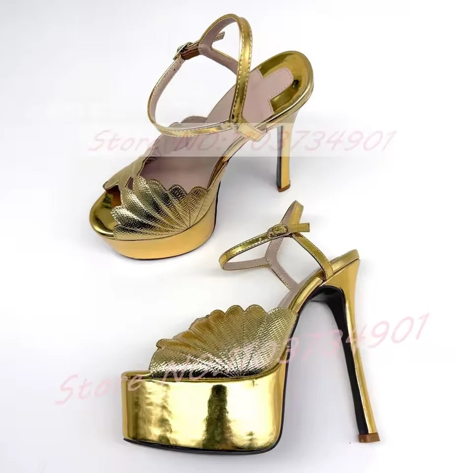Metallic Scalloped Platform Sandals With Thin Heel For Women