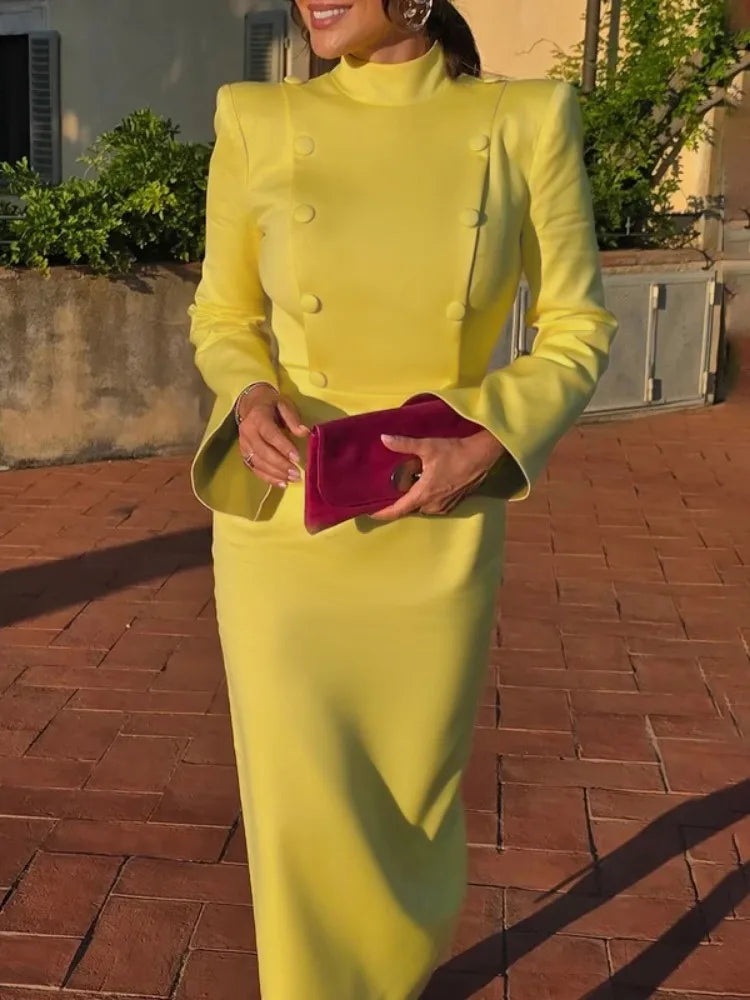 Yeezzi Urban Female Stand Collar Formal Office Dress 2025 New Spring Flared Sleeves Fashion Buttoned High Waisted Midi Dresses