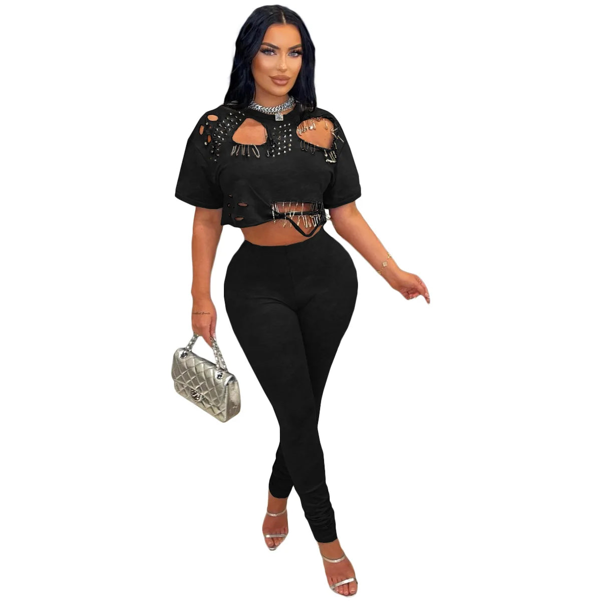 Casual Short Sleeve Hollow Out Two-Piece Tracksuit for Women