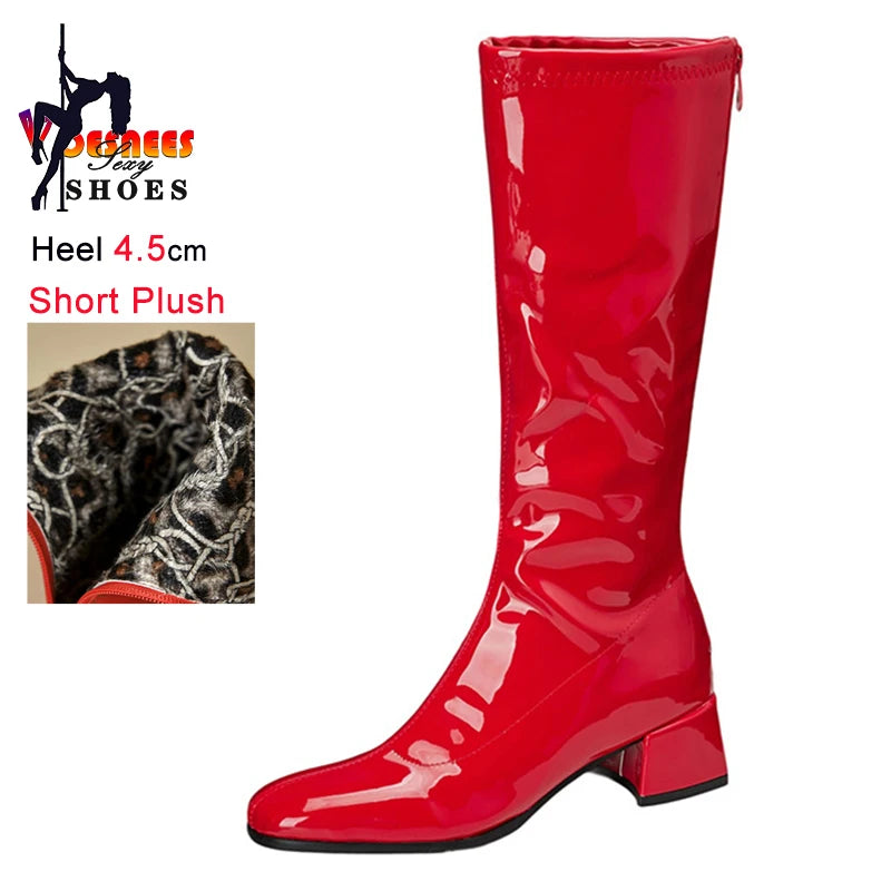 Red Patent Leather Square Toe Knee-High Boots for Women