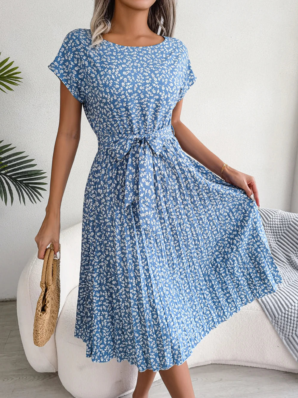 Chic Casual Pleated Short Sleeve Midi Dress for Women
