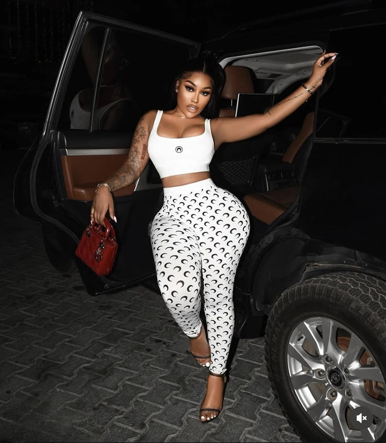 STYLISH LADY Moon Printed Sports 2 Piece Set Women Sleeveless Crop Top and Skinny Pant Suits 2025 Summer Street Fitness Outfits