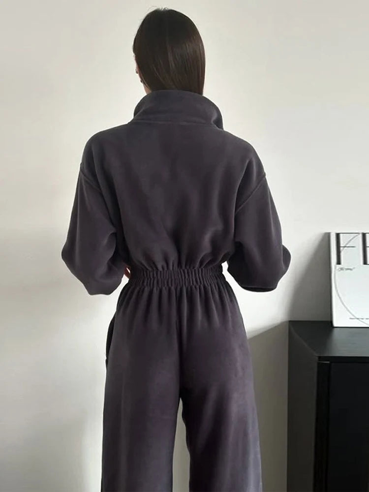 Casual Brown Stand Collar Long Sleeve Jumpsuit for Women