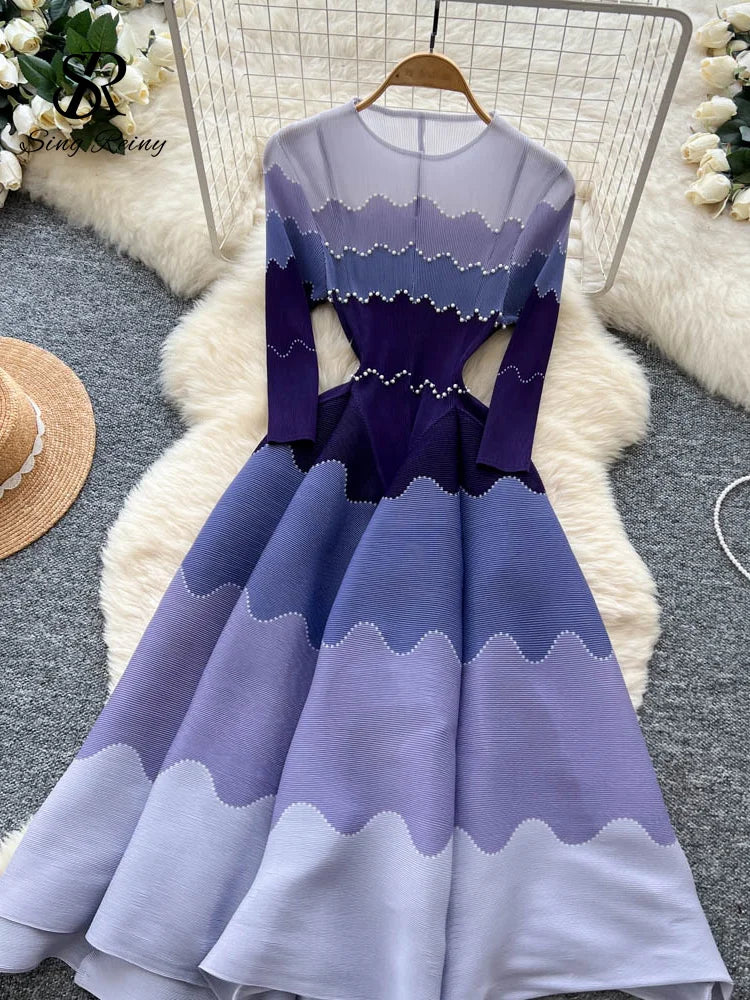 Wave Print Long Sleeve Ankle Length Evening Dress for Women