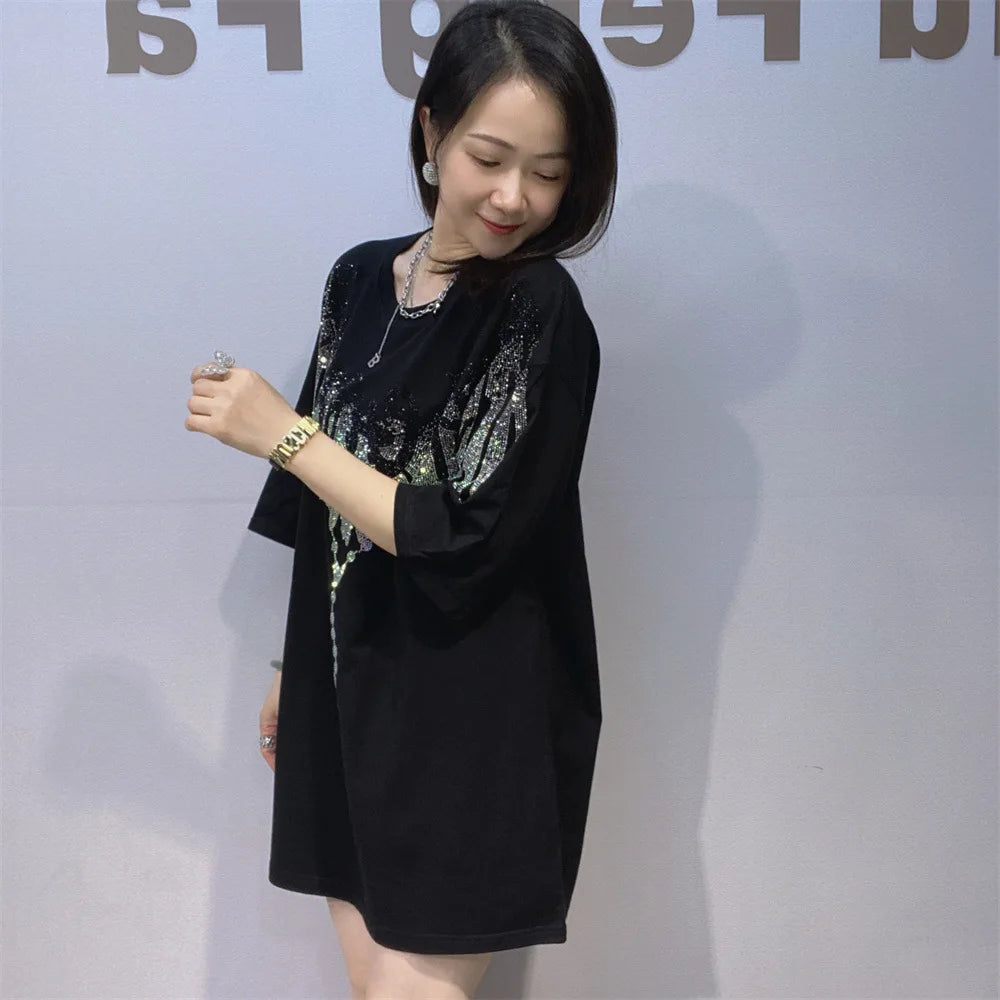 Streetwear New Spring Summer Women Short Sleeve T-shirt Hot Diamonds Wings Mid-long Oversize Pullover Trendy Couple Cotton Tees