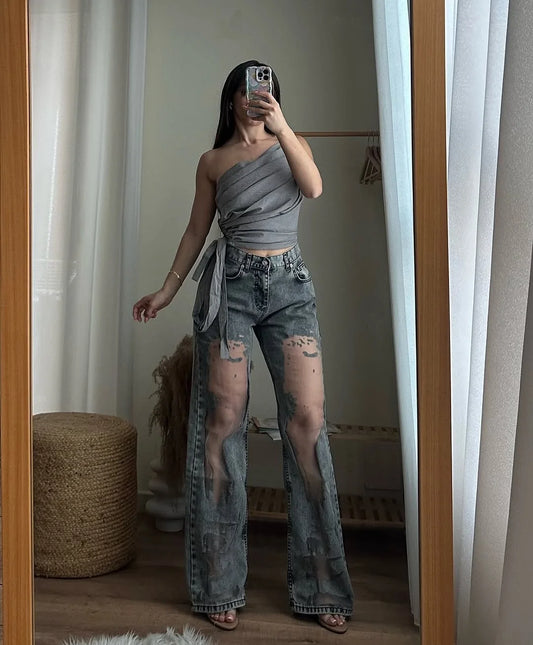 Gothic Ripped Wide Leg High Waisted Jeans