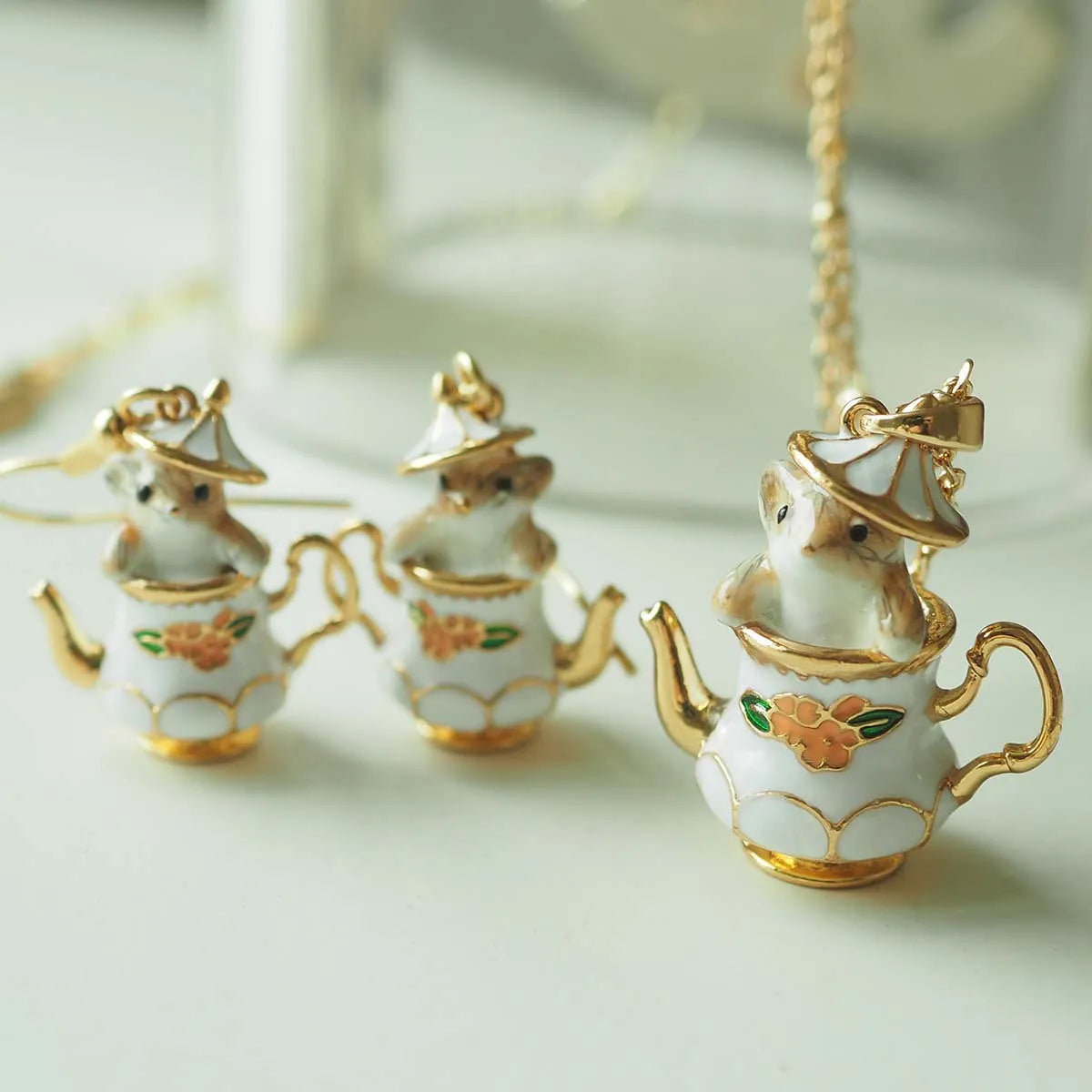 Cute Chipmunk Pendant Necklace and Earring Set for Women
