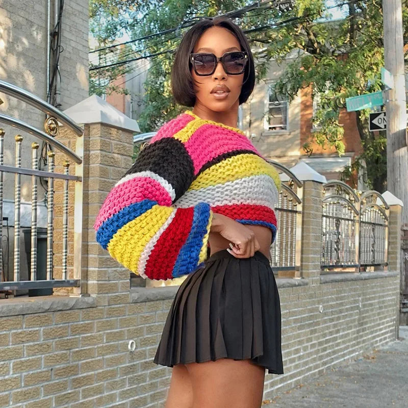 Rainbow Check Cropped Long Sleeve Knit Sweater for Women