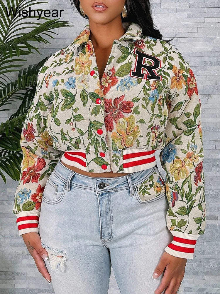 Vintage Print Button Up Baseball Jacket for Women