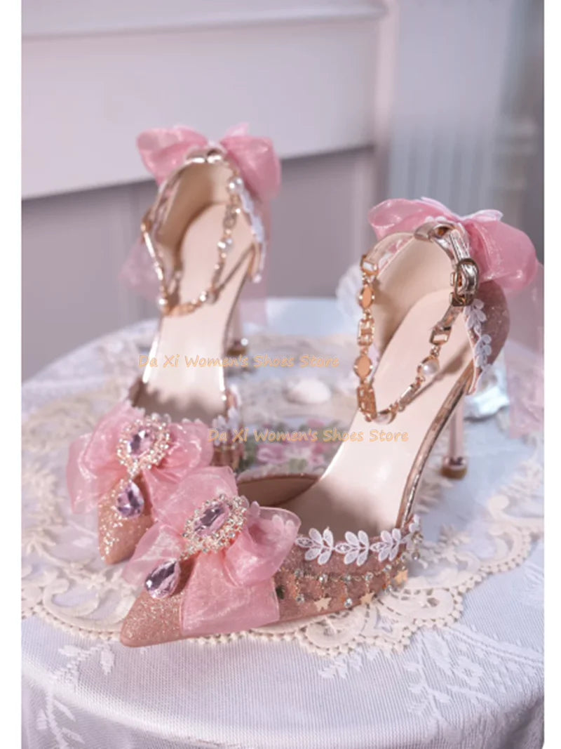 Elegant Pink Bow And Rhinestone Stiletto Wedding Pump For Women