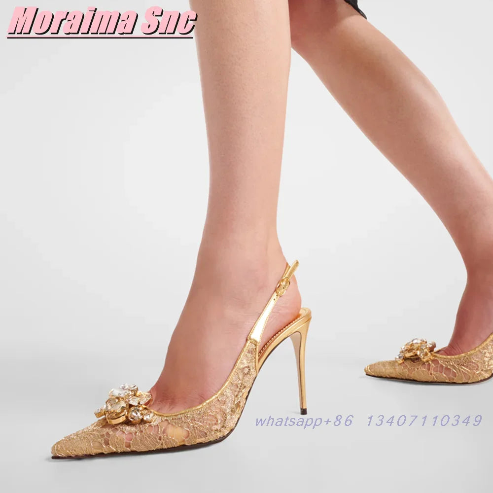 Elegant Crystal Lace Pointed Toe Slingback Sandals for Women