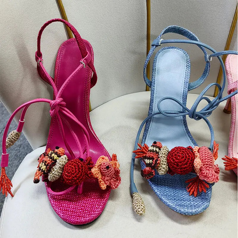 Pink Lace-Up Ankle Wrap Stiletto Sandals for Women