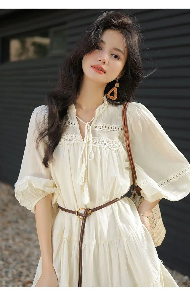 Vacation Style Boho Chic Lace Up Midi Dress for Women